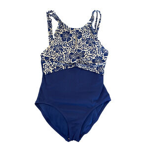 TOMMY BAHAMA Womens One Piece Swimsuit Sz 6 Navy Blue White Tropical Floral Pool